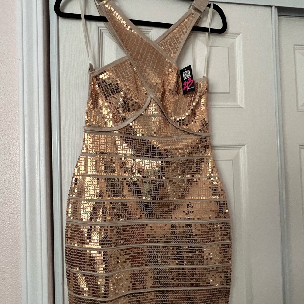 Bebe Gold Halter Bodycon Mini Dress